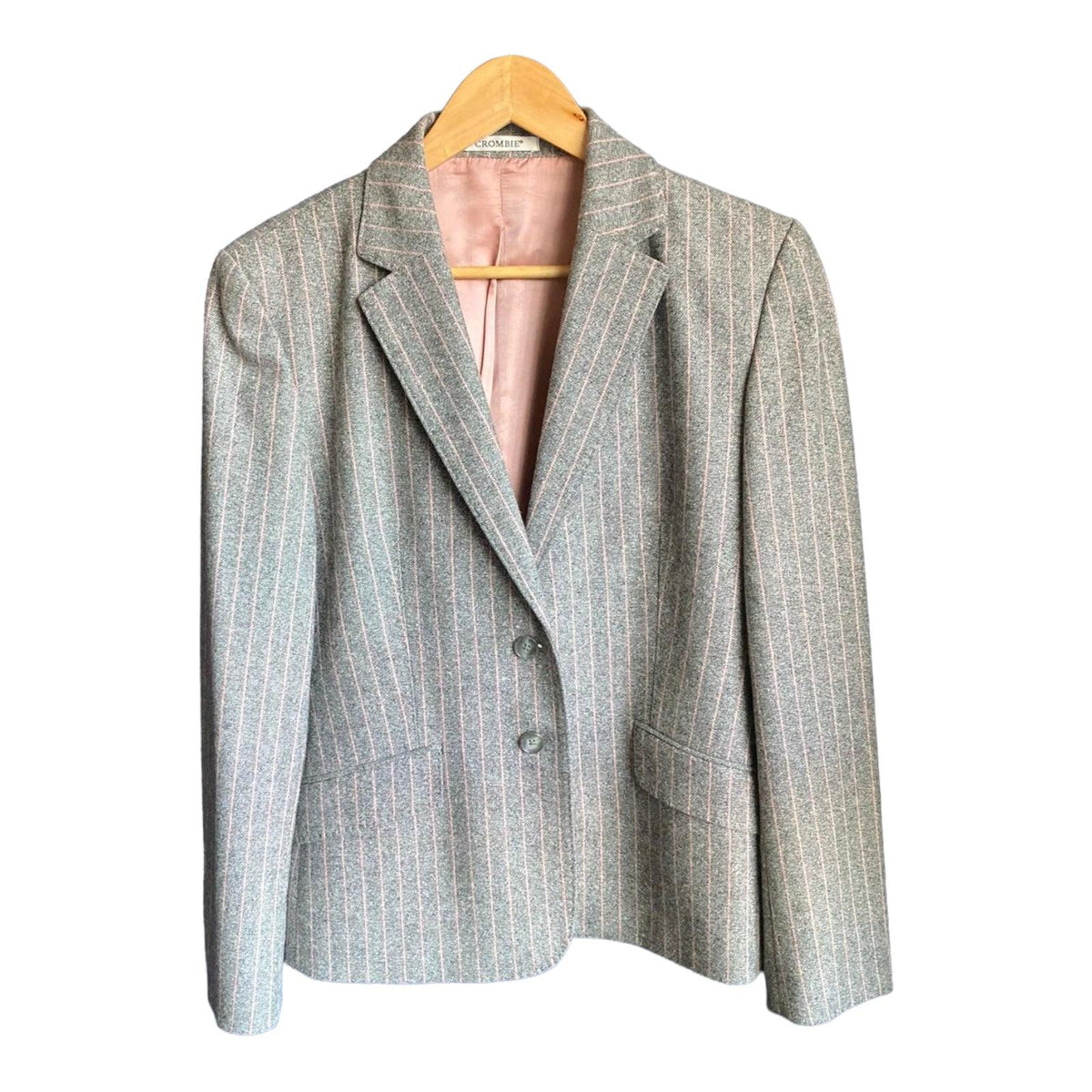 Crombie Wool Grey And Pink Pin Striped Trouser Suit Jacket UK Size 14 Trousers UK Size 12 - Ava & Iva