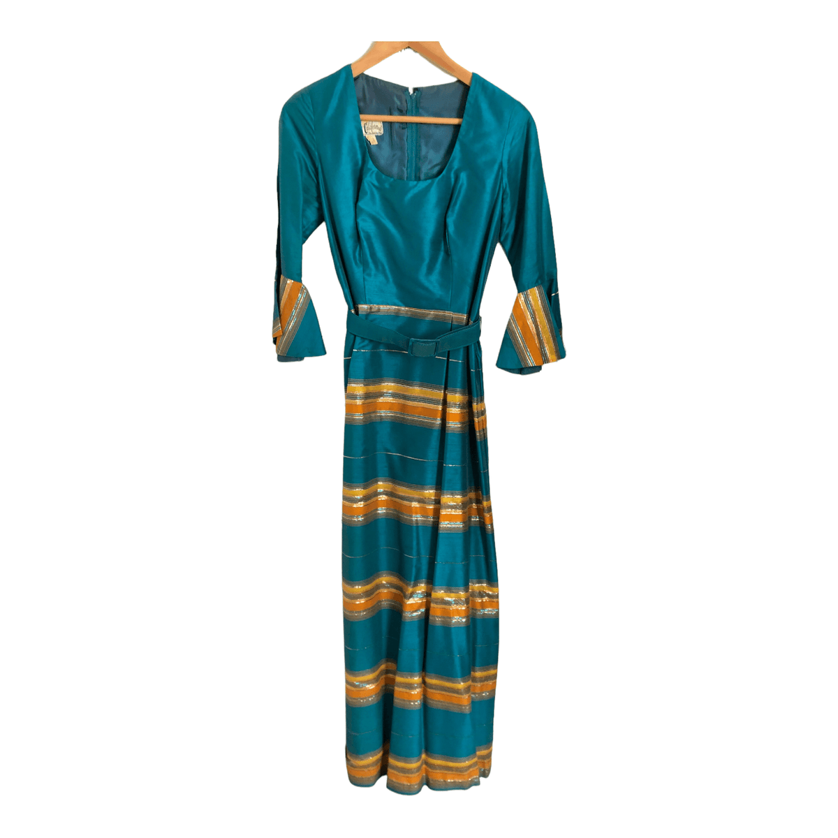 California Vintage Half Sleeve Belted Maxi Dress Evening Gown Teal Green Gold Striped S UK Size 8 - Ava & Iva