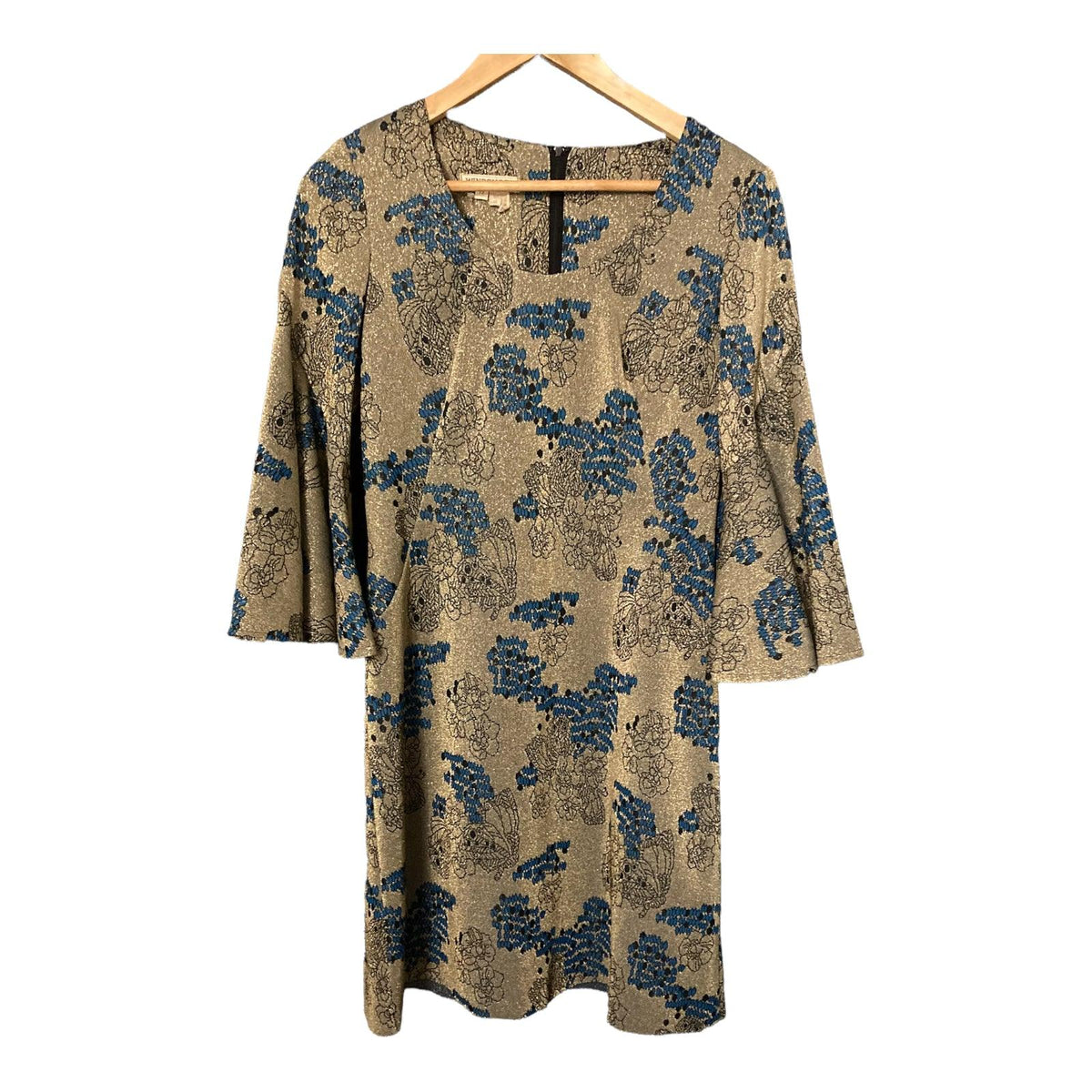 Windsmoor Gold and Blue Patterned Wing Sleeved Dress UK Size 12 - Ava & Iva