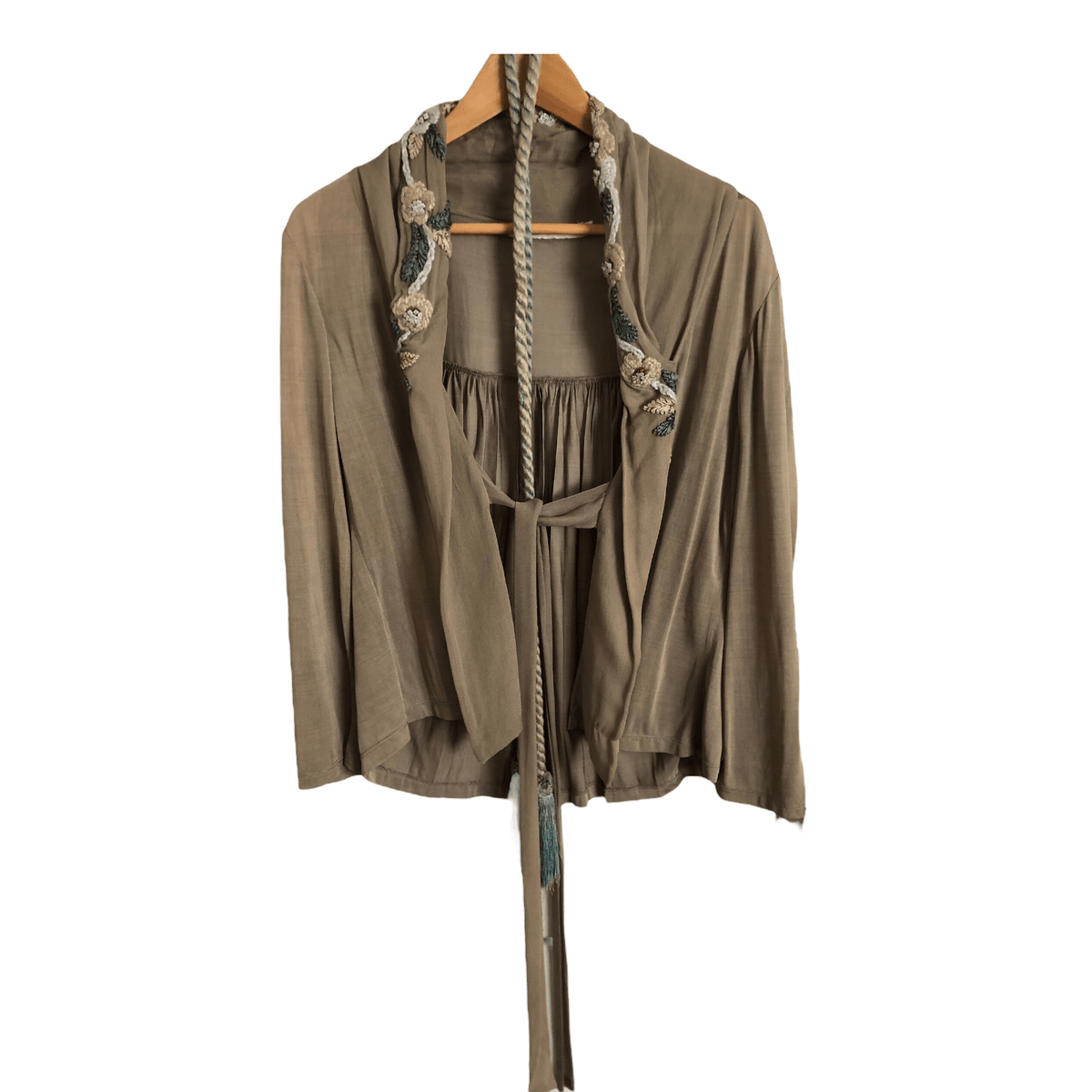 Blank London Jersey Belted Cardigan Jacket Taupe Beige Embroidered Embellished Size - Ava & Iva