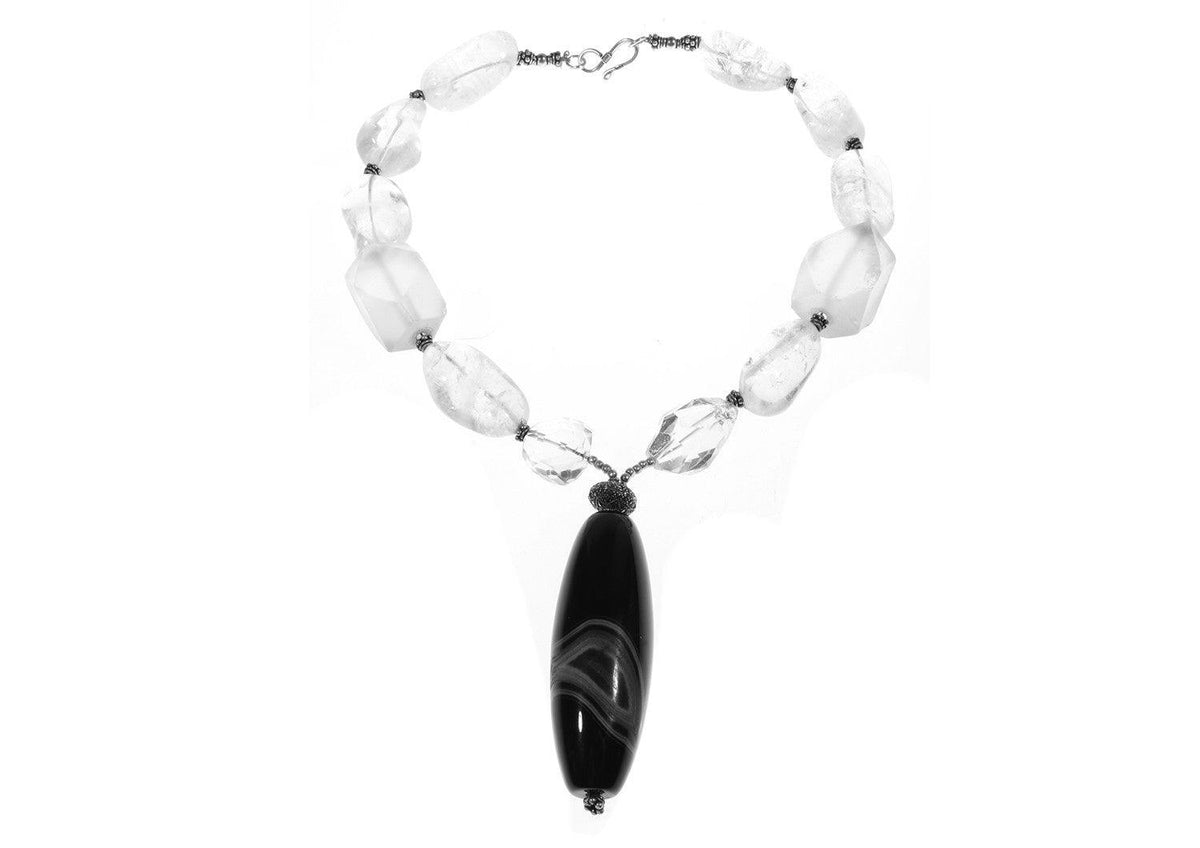 Clear beaded  crystal necklace with black onyx pendant - Ava & Iva